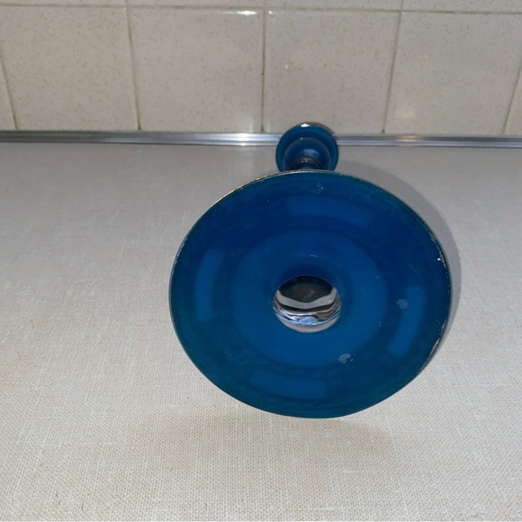Vintage‎ Blue & Clear Glass Candlestick Bronze Color  Etching Accents main image 2